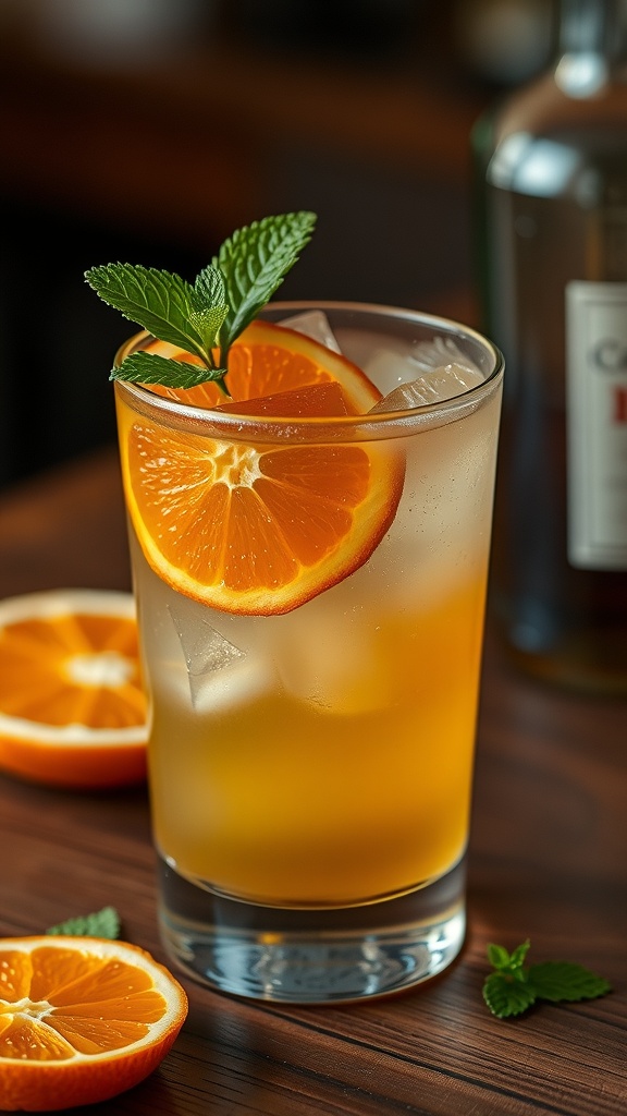 A refreshing Citrus Barrel Mocktail garnished with orange and mint.