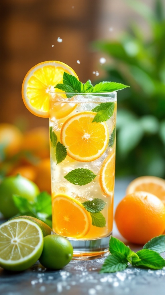 A refreshing Citrus Burst Mocktail with slices of lemon and lime and fresh mint leaves.
