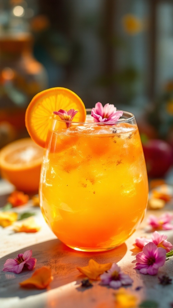 A vibrant orange mocktail garnished with flowers and an orange slice.