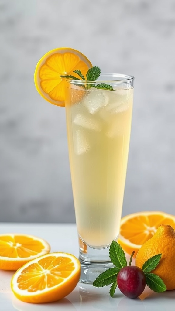 A glass of citrus liver cleanse juice garnished with a lemon slice and mint leaves, surrounded by fresh oranges and lemons.