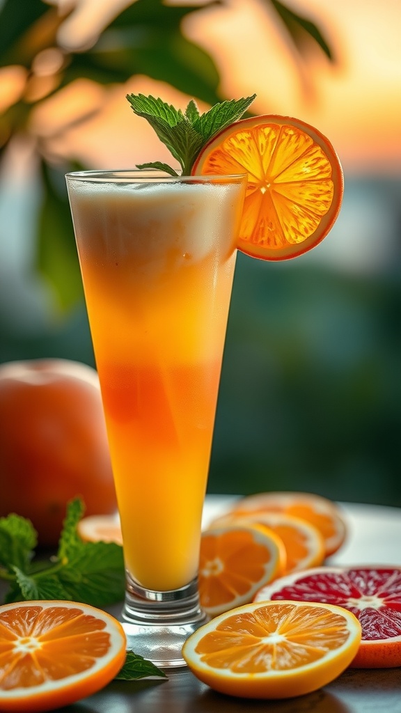 A vibrant Citrus Sunrise Mocktail garnished with an orange slice and mint leaves.