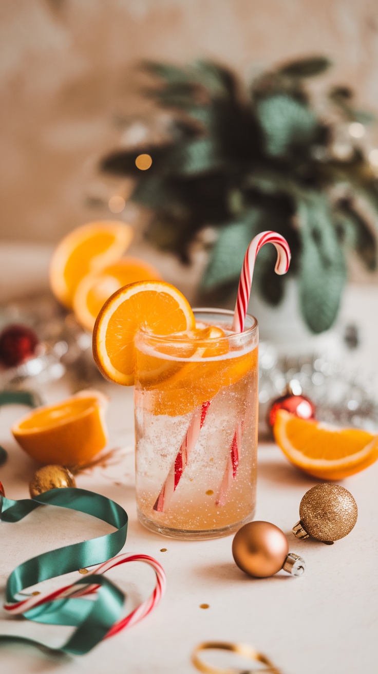 A refreshing Peppermint Orange Spritzer mocktail garnished with orange slices and a candy cane.