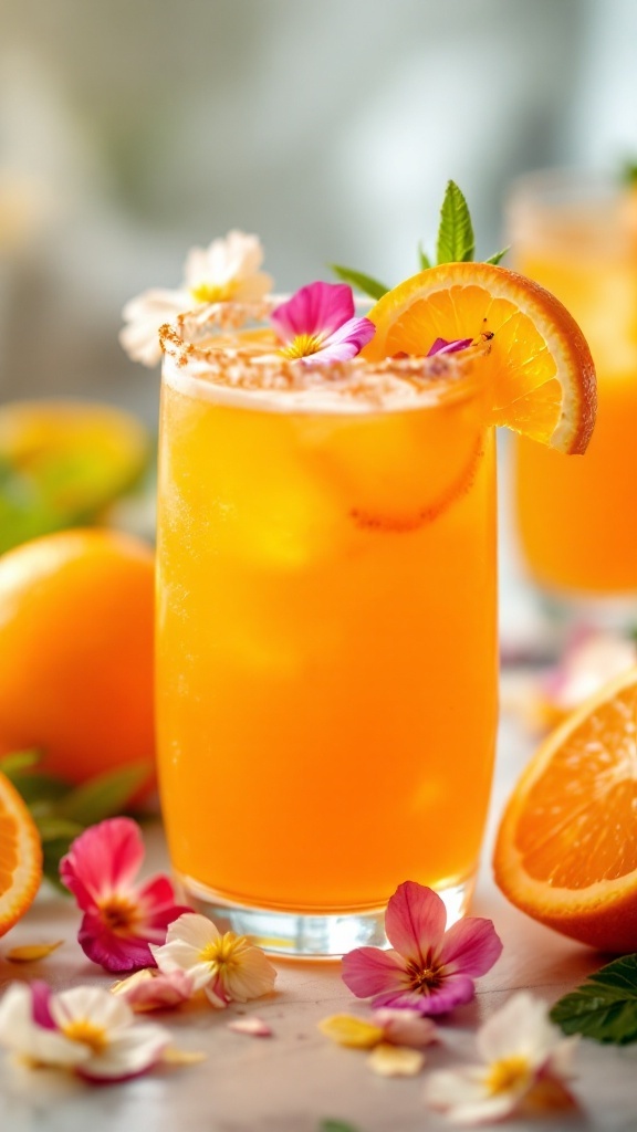 A refreshing Citrus Orange Blossom Mocktail garnished with orange slices and flowers