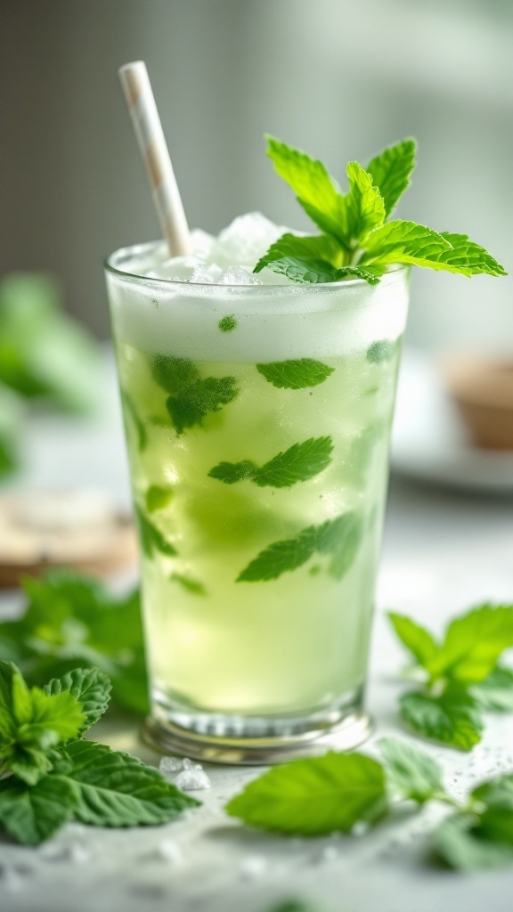 A refreshing mint julep mocktail garnished with mint leaves.