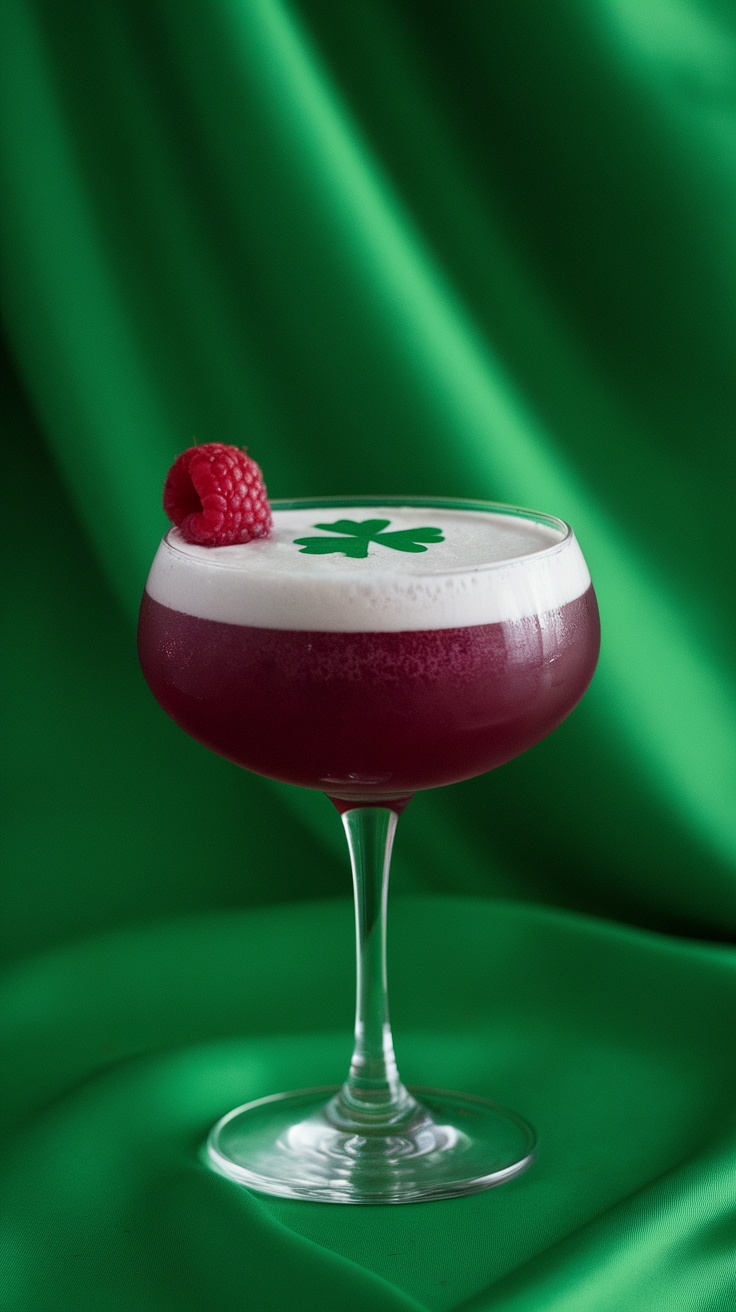 A vibrant Clover Club Mocktail with a raspberry garnish and shamrock decoration.