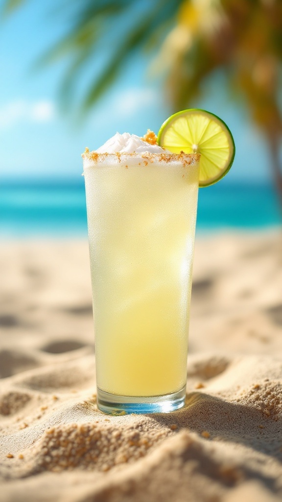 A refreshing Coconut Lime Cooler Mocktail garnished with lime and whipped cream.