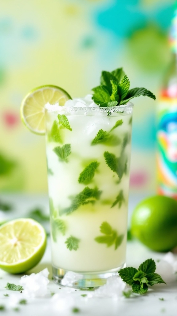 A refreshing Coconut Lime Mojito Mocktail with mint leaves and lime slices.