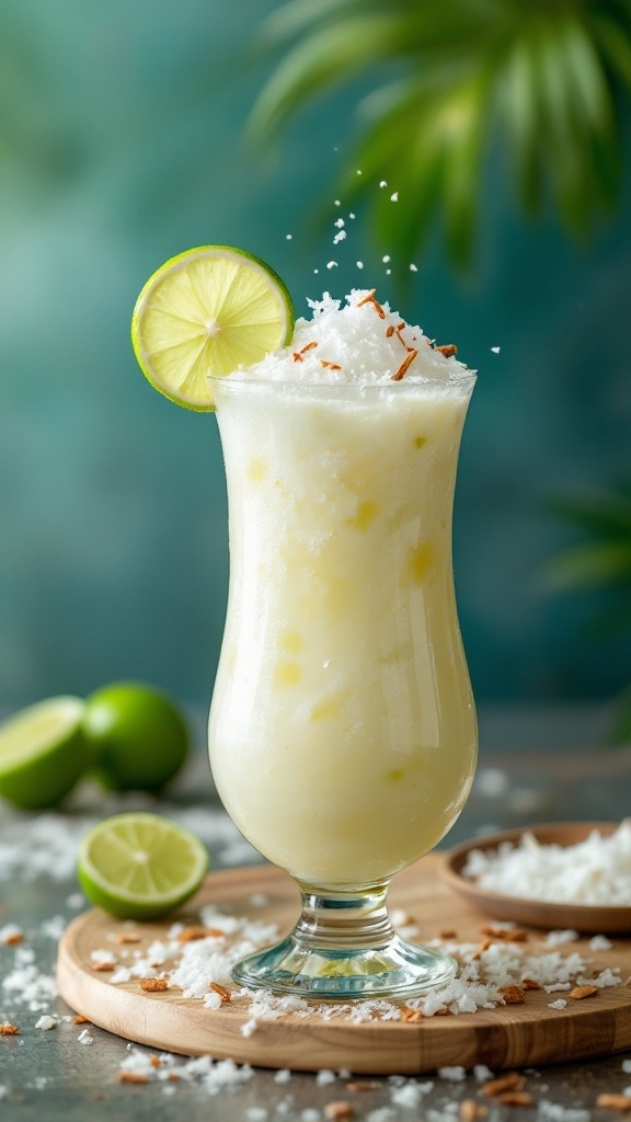 A refreshing Coconut Lime Slush Mocktail garnished with lime and coconut flakes.