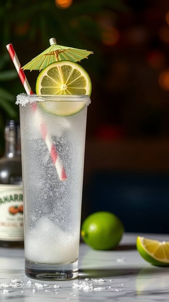A refreshing Coconut Lime Sparkle Mocktail with lime slices and a straw.