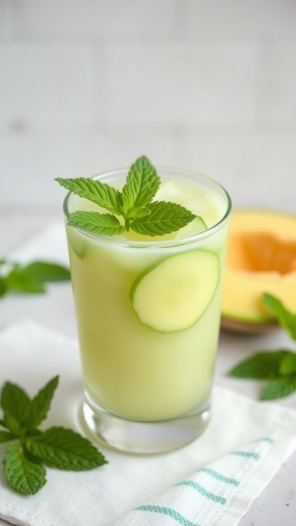 A refreshing glass of Cooling Mint Cucumber Melon Juice garnished with mint leaves and cucumber slices.
