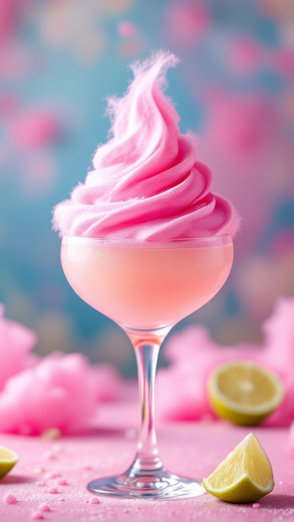 A colorful cotton candy lemon lime mocktail topped with pink cotton candy in a glass.