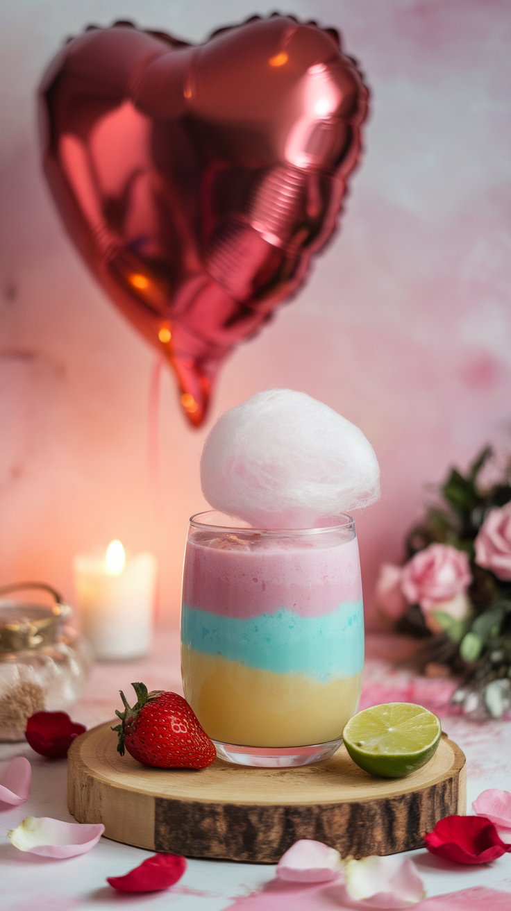 A refreshing Cotton Candy Mocktail decorated with cotton candy, a cherry, and mint, set against a colorful carnival backdrop.