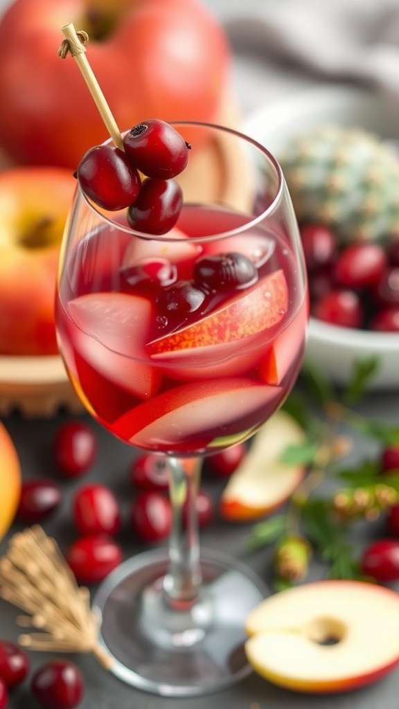 A refreshing glass of cranberry-apple juice with apple slices and cranberries around it.