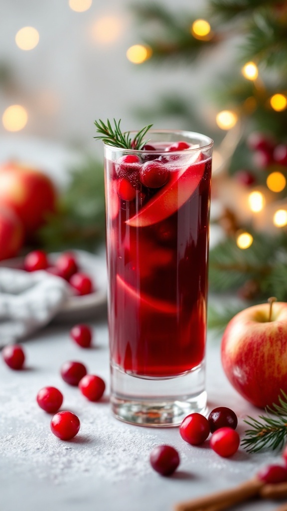 A tall glass of cranberry apple juice garnished with cranberries and apple slices, surrounded by fresh apples.