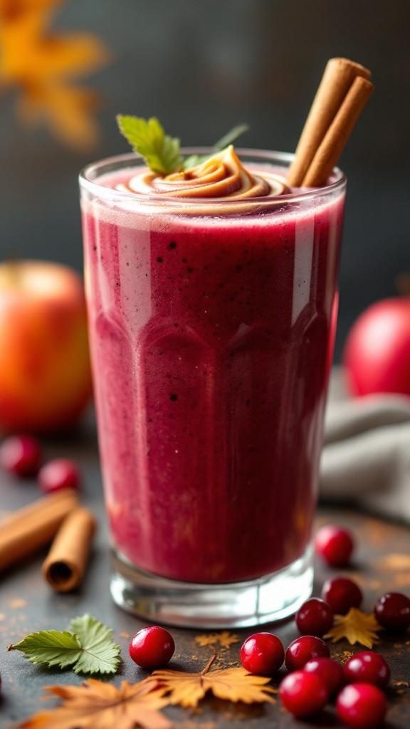 A vibrant cranberry apple spice smoothie garnished with cinnamon and mint.