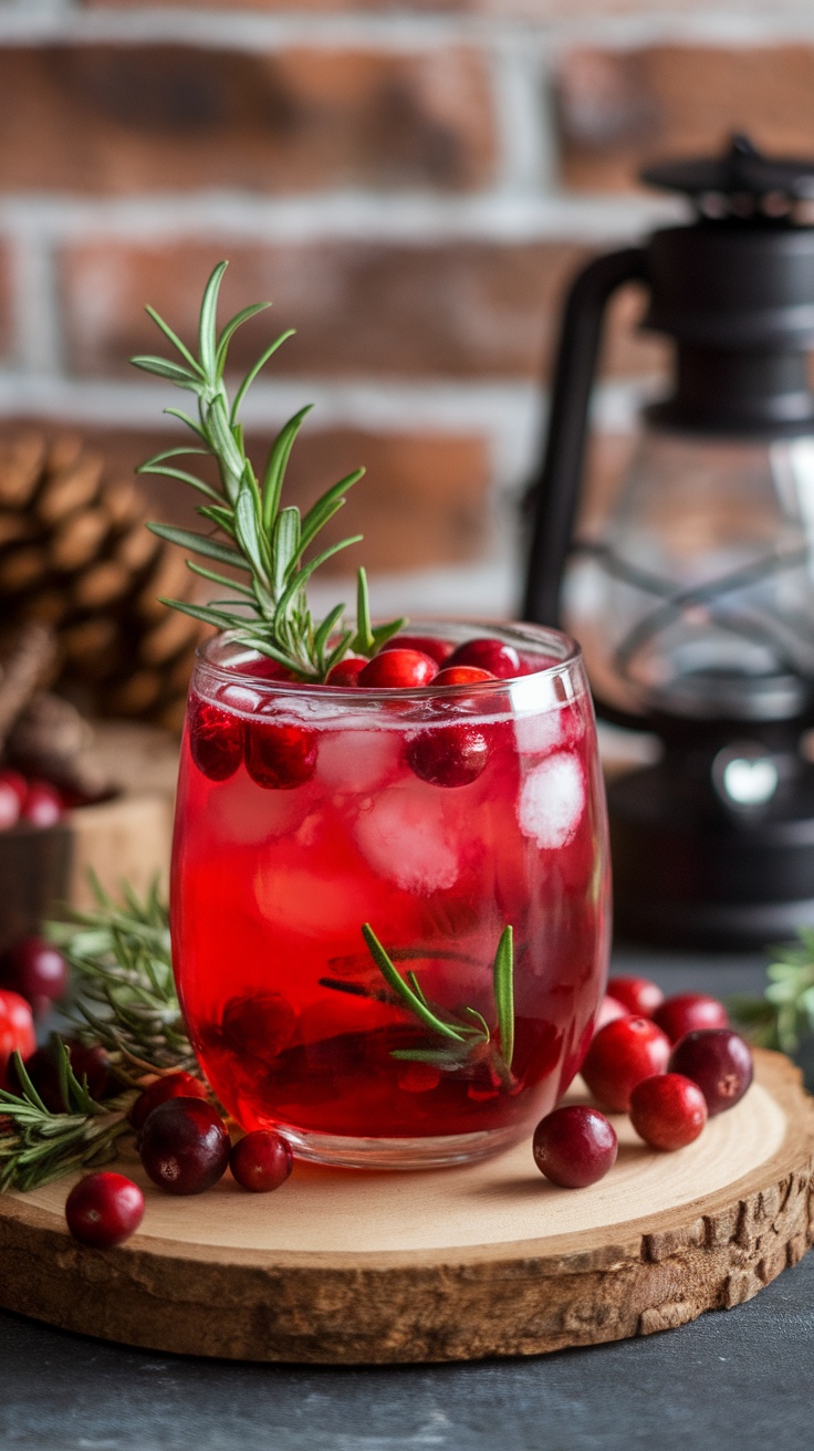 A glass of cranberry cider mocktail garnished with fresh cranberries and rosemary