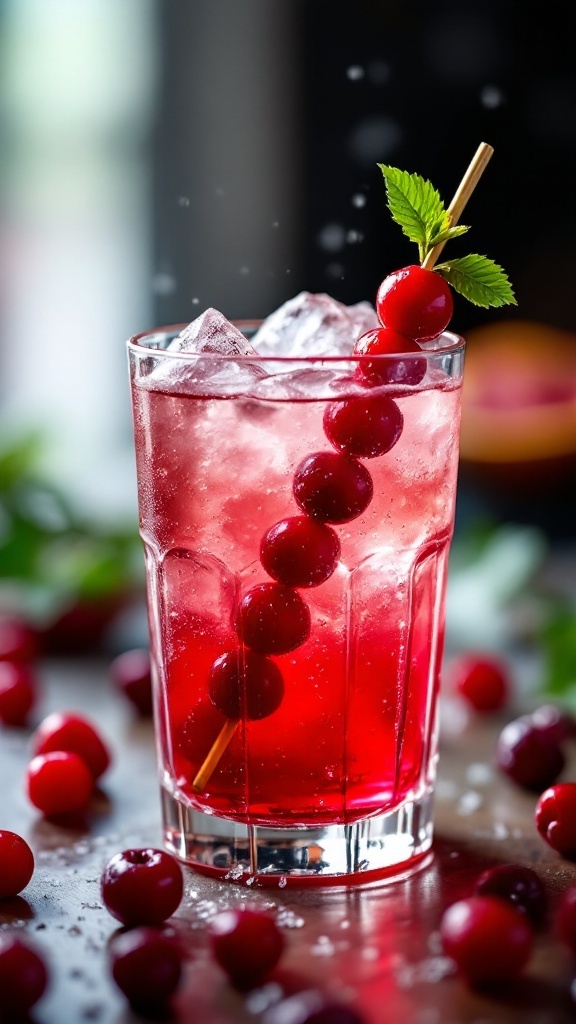 A refreshing cranberry citrus splash mocktail in a glass with ice and garnished with mint.