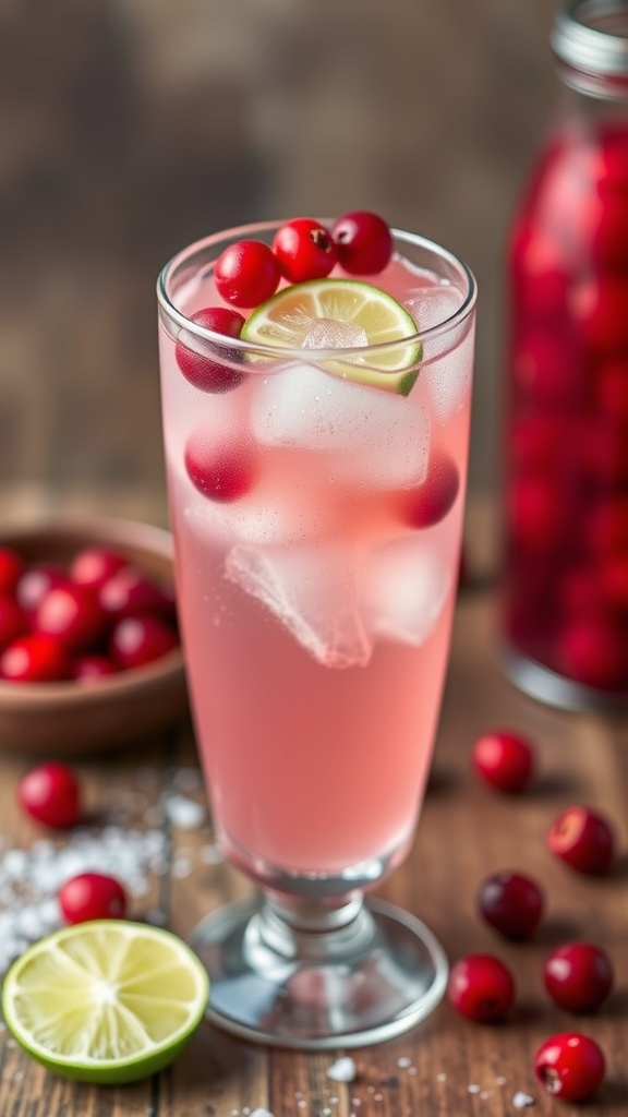 A refreshing cranberry lime spritzer mocktail with ice and garnished with cranberries and lime.