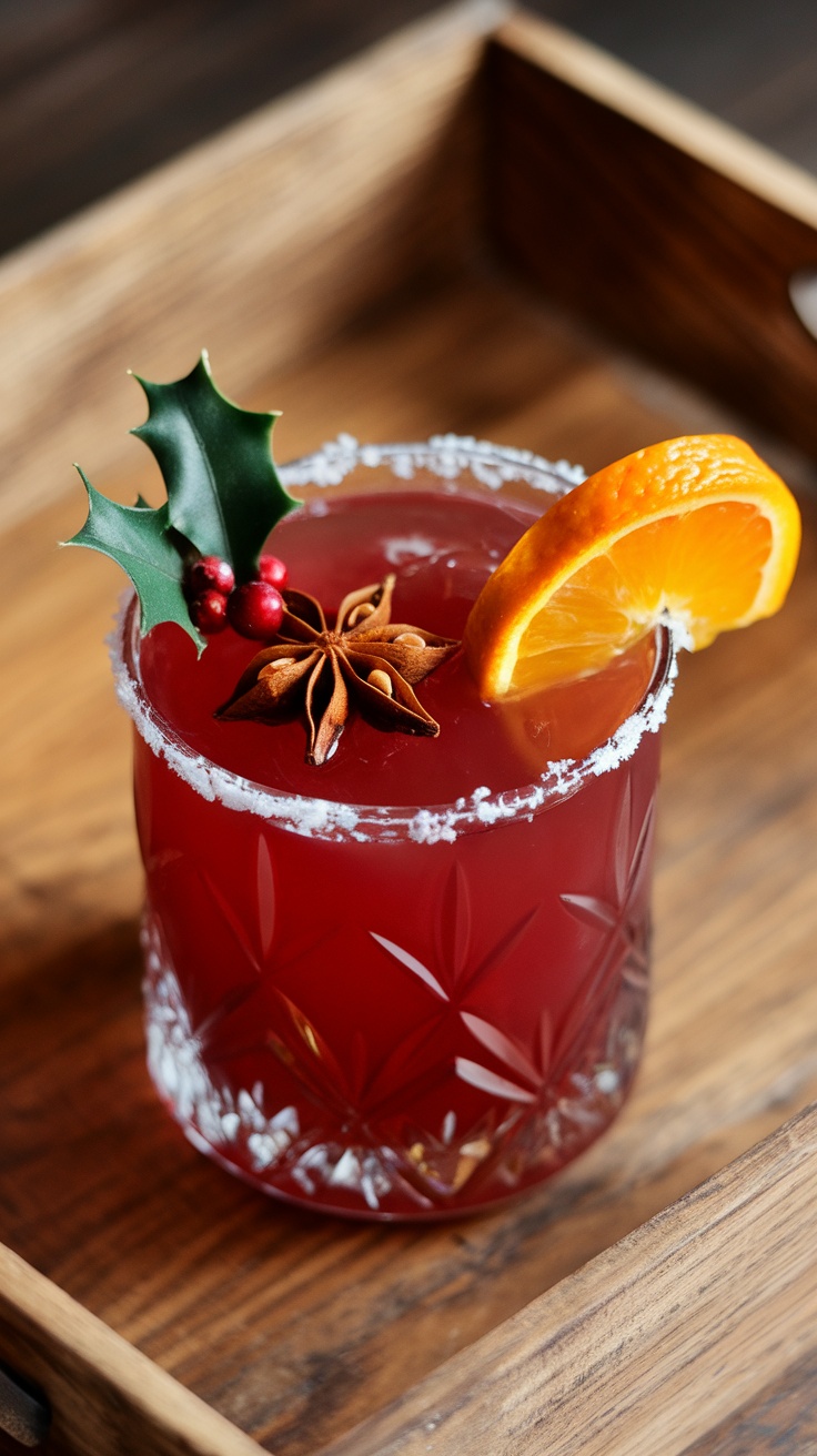 A beautifully garnished cranberry maple spice mocktail with an orange slice and holly decoration.