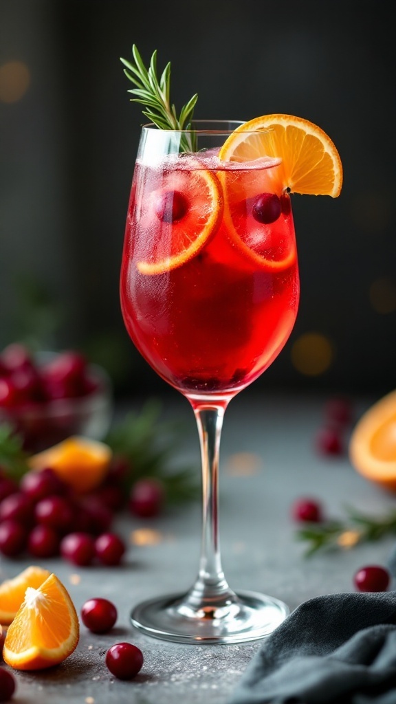 A glass of cranberry orange spritz mocktail garnished with orange slices and a sprig of rosemary.