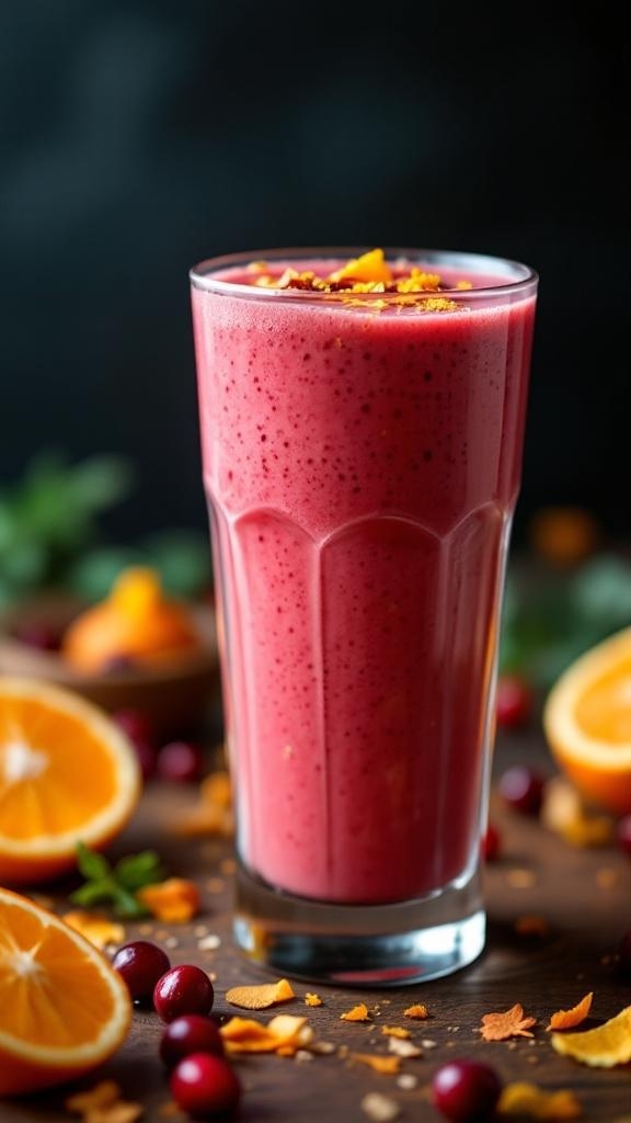 A vibrant cranberry orange smoothie garnished with orange zest and surrounded by fresh oranges and cranberries.