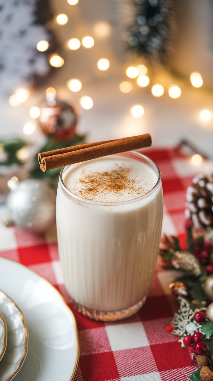 A glass of creamy almond milk nog topped with a cinnamon stick and sprinkled with nutmeg, surrounded by festive decorations.