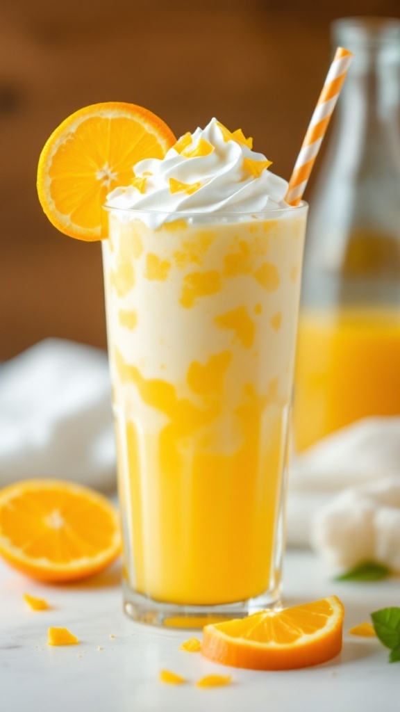 A creamy orange mocktail with whipped cream and an orange slice garnish.