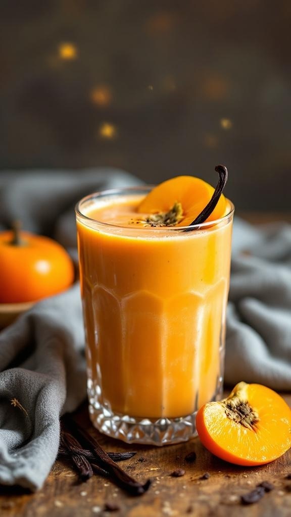 A creamy persimmon vanilla smoothie in a glass with a slice of persimmon on top.
