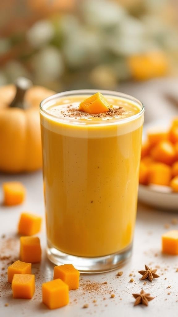 A creamy roasted butternut squash smoothie garnished with a piece of squash and spices.