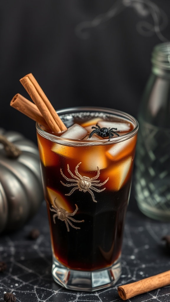 A spooky cola mocktail with ice, cinnamon sticks, and plastic spiders.
