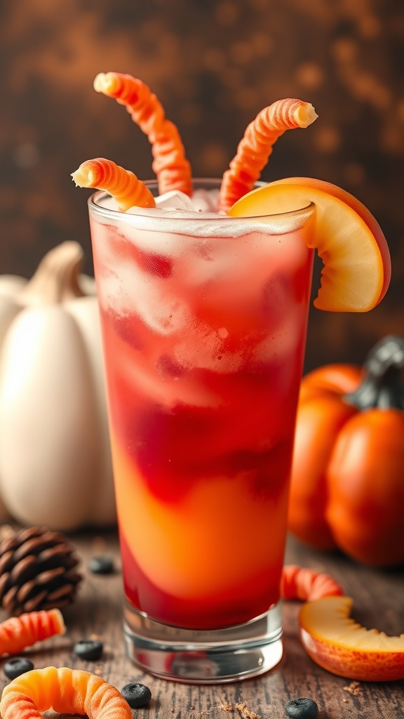 A Creepy Cran-Peach Mocktail garnished with gummy worms and peach slices.