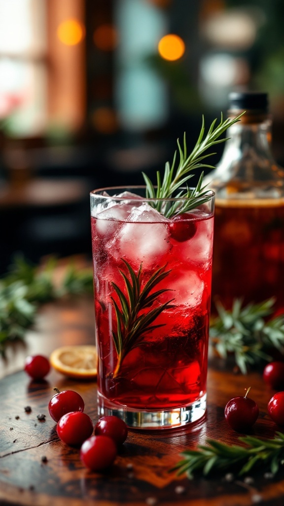 A refreshing Creole Cranberry Cooler mocktail garnished with rosemary and cranberries.