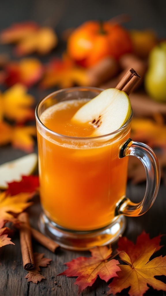 A glass of autumn juice with apple slice and cinnamon stick, surrounded by colorful leaves.