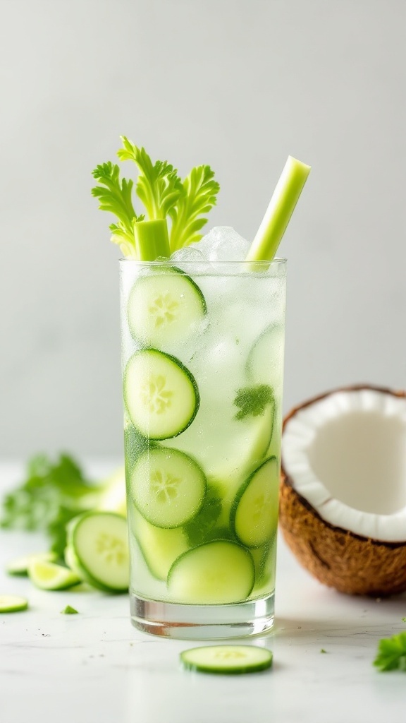 A refreshing glass of cucumber-celery coconut hydration juice with ice and garnish.