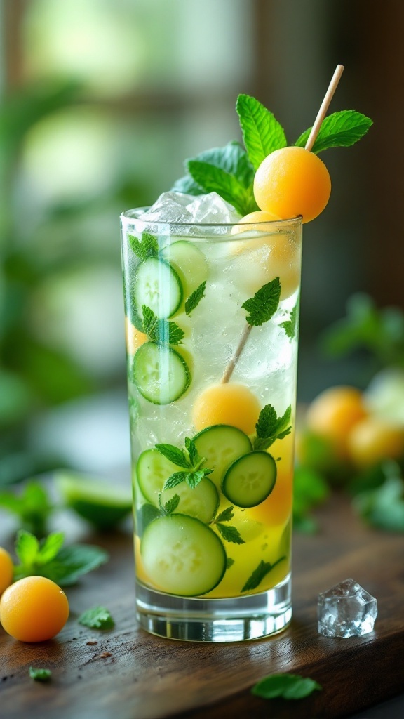 A refreshing glass of cucumber-celery melon mint juice garnished with mint leaves and melon balls.