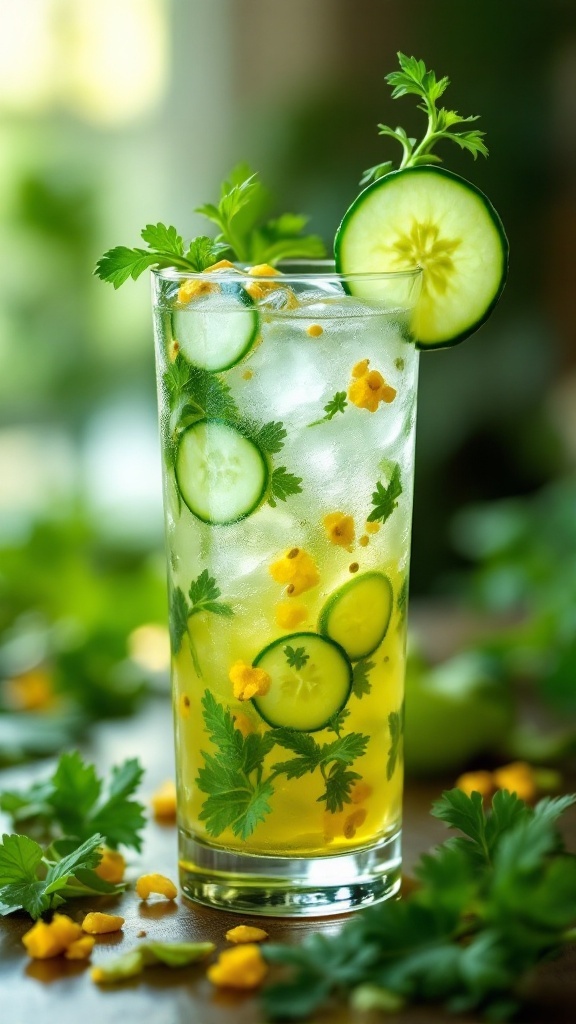 A refreshing cucumber and celery juice with garnishes.