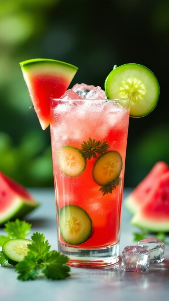 A refreshing cucumber-celery watermelon cooler juice garnished with cucumber and watermelon slices