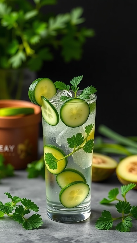 A refreshing glass of cucumber-parsley hydration juice with slices of cucumber and parsley leaves.