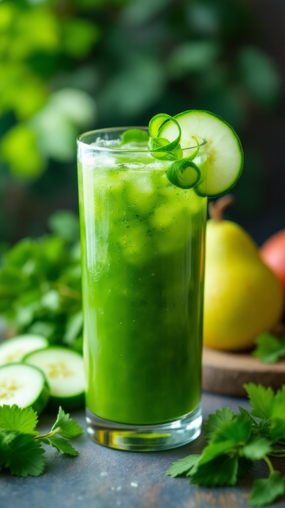 A glass of cucumber apple pear zest juice garnished with cucumber slices.