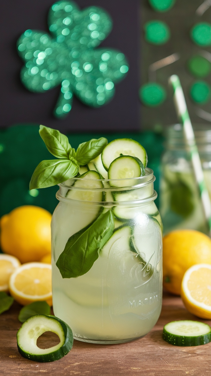 A refreshing cucumber basil lemonade mocktail garnished with cucumber slices and basil leaves, surrounded by lemons.