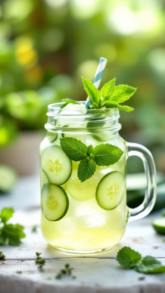 A refreshing Cucumber Cooler Mocktail in a mason jar, garnished with mint and cucumber slices.