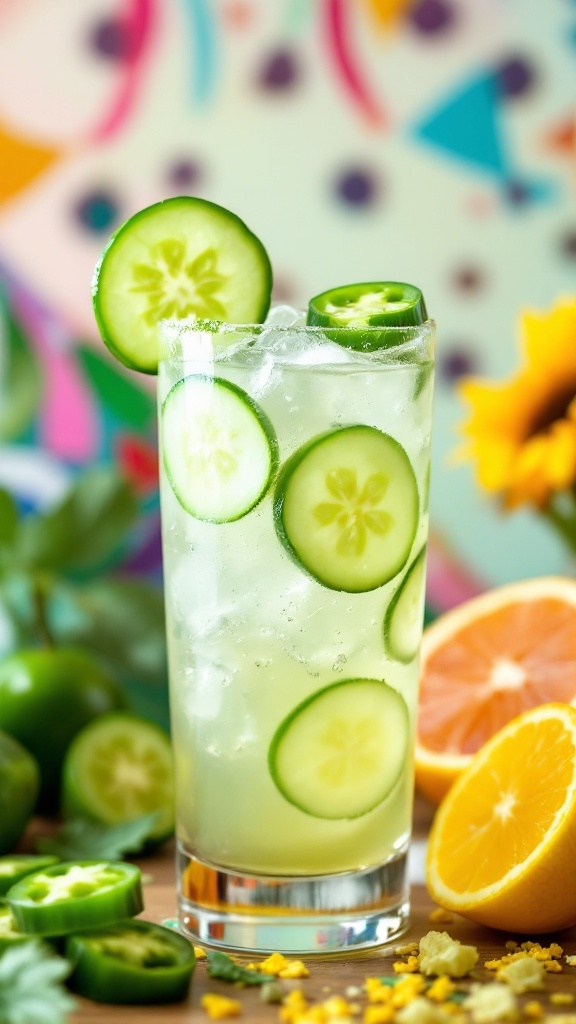 A refreshing cucumber jalapeño cooler mocktail with cucumber slices and jalapeño in a glass