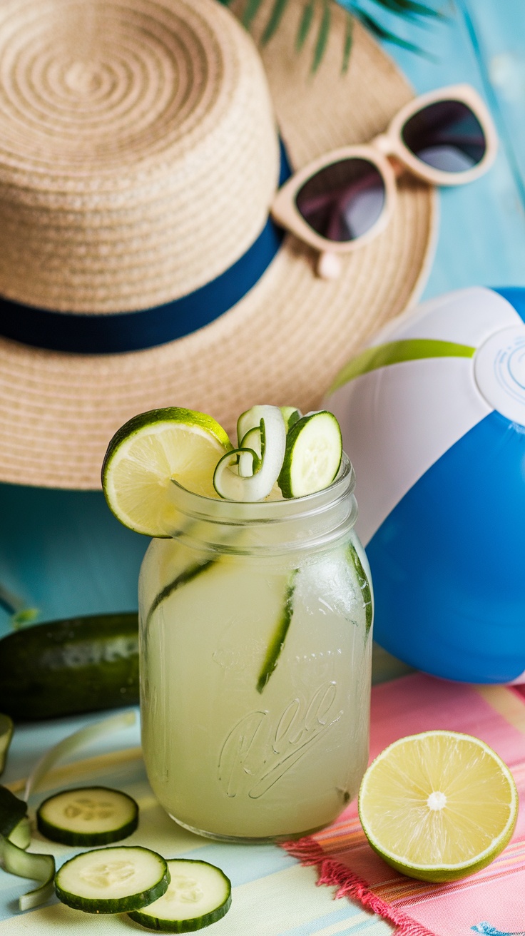 A refreshing cucumber lime agua fresca mocktail in a mason jar with slices of cucumber and lime on top, alongside a beach hat and sunglasses.