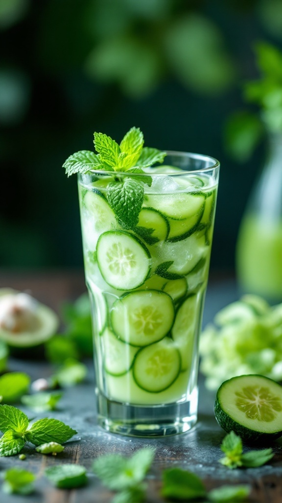 A refreshing glass of cucumber mint cooler juice garnished with fresh mint leaves.