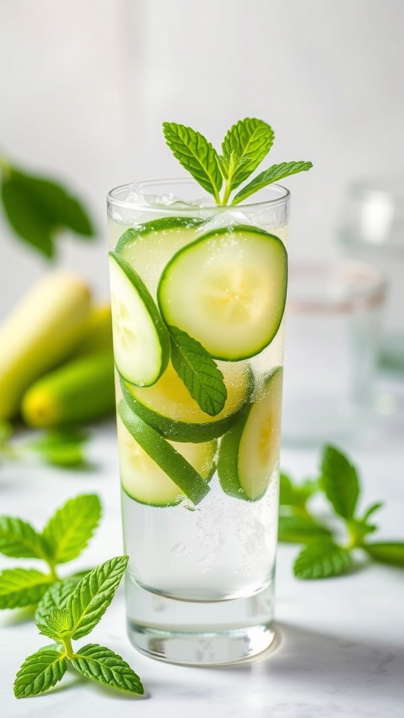 A refreshing cucumber mint cooler mocktail with slices of cucumber and mint leaves.