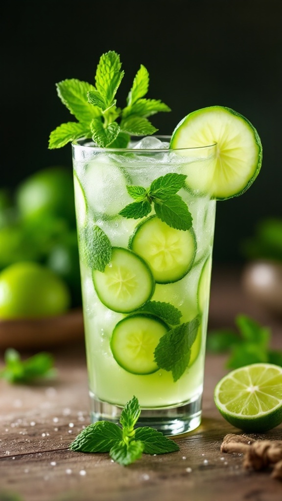 A refreshing cucumber mint mocktail in a glass, garnished with cucumber slices and mint leaves.