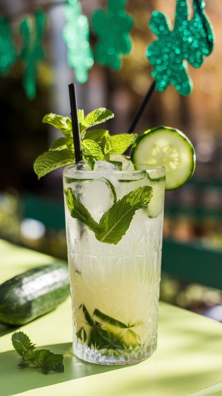 A refreshing cucumber mint mocktail with mint leaves and a cucumber slice, served in a clear glass with two straws.