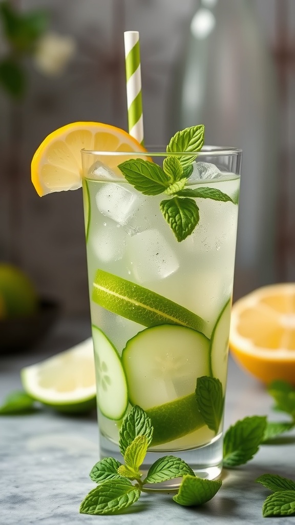 A refreshing cucumber mint mocktail with a lemon slice and mint leaves