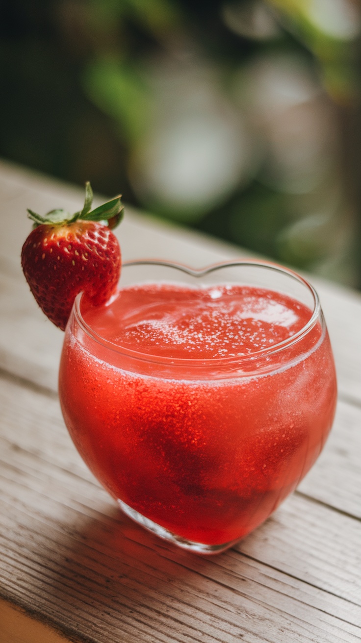 Cupid's Kiss Mocktail in a heart-shaped glass with a strawberry garnish