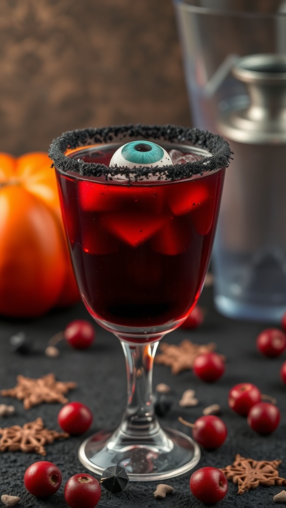 A spooky Cursed Cranberry Mocktail with an eyeball garnish, surrounded by Halloween decorations.